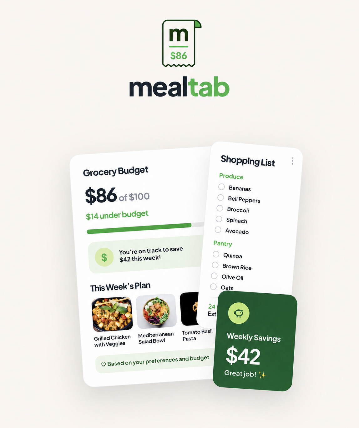 Mealtab mobile application screens